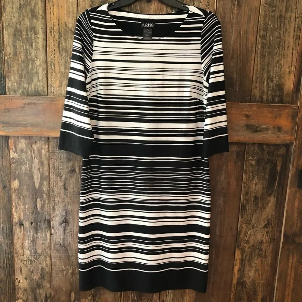 SOHO PM Black & White Striped Career Workwear Shift Dress